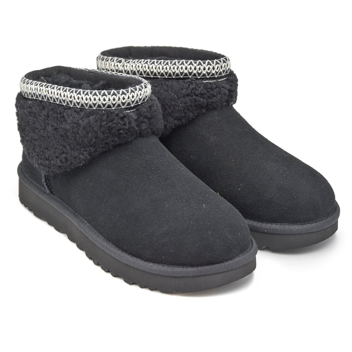 Ugg Ultra Mini Maxi Curly Nero Donna Con Collarino A Contrasto