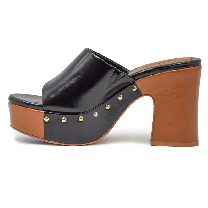 Vivien Lee Sandali Zeppa Donna Nero Cuoio Con Borchie Laterali