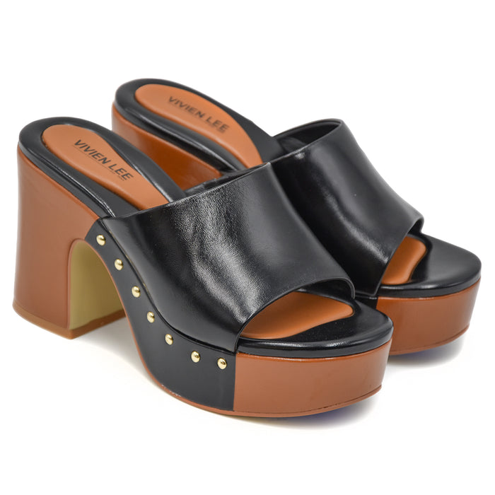 Vivien Lee Sandali Zeppa Donna Nero Cuoio Con Borchie Laterali