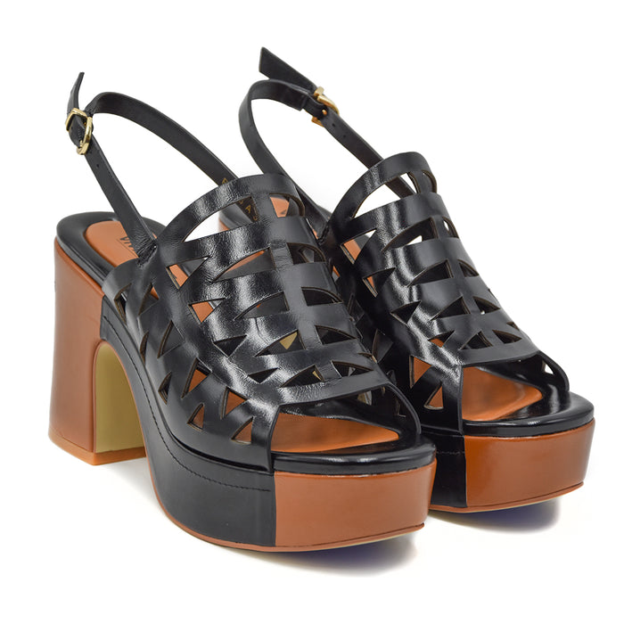 Sandali Vivien Lee Donna Nero Con Suola E Plateau Di Color Cuoio