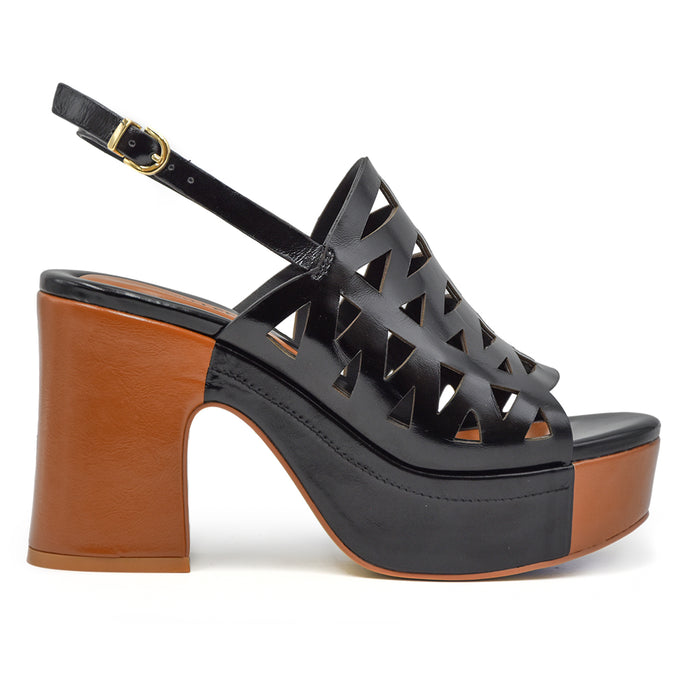 Sandali Vivien Lee Donna Nero Con Suola E Plateau Di Color Cuoio
