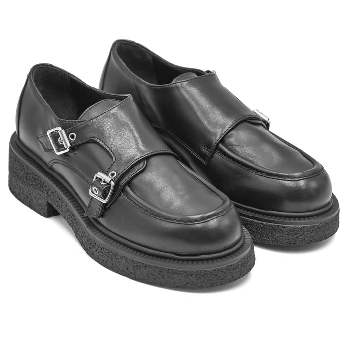 Loafer Nero Monk Strap Donna Con Iconiche Doppie Fibbie Laterali