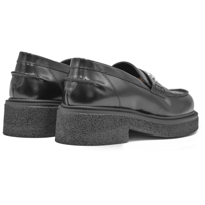 Mocassini Loafer Nero Abrasivato Abbellimento Metal Studs Donna