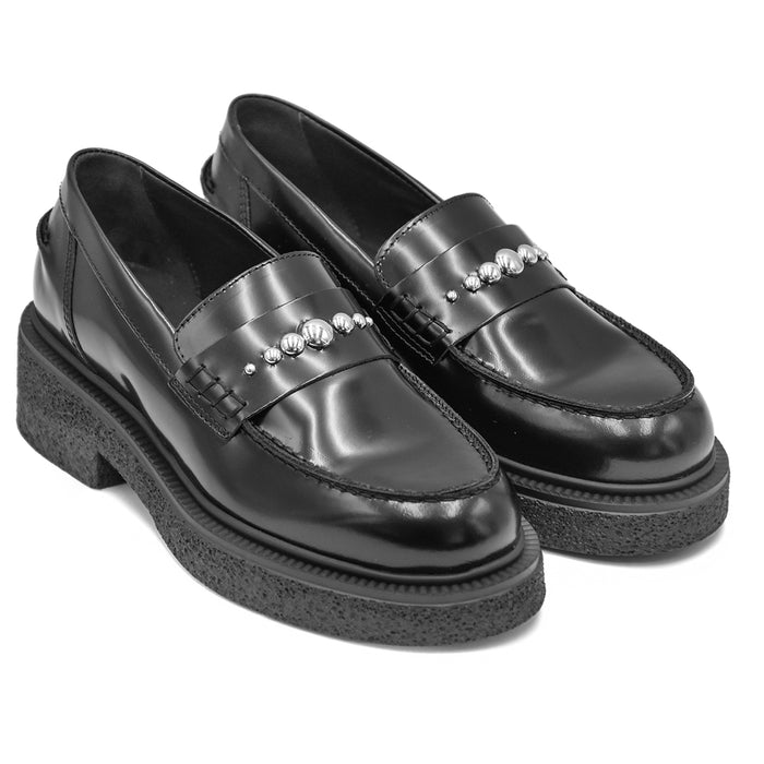 Mocassini Loafer Nero Abrasivato Abbellimento Metal Studs Donna