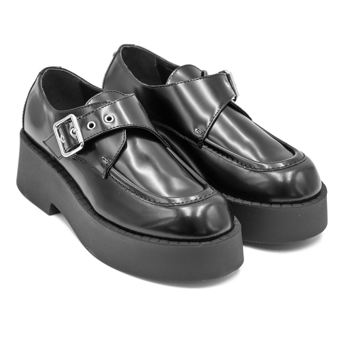 Scarpa Monk Strap Nero Loafer Fibbia Laterale A Chiusura Donna