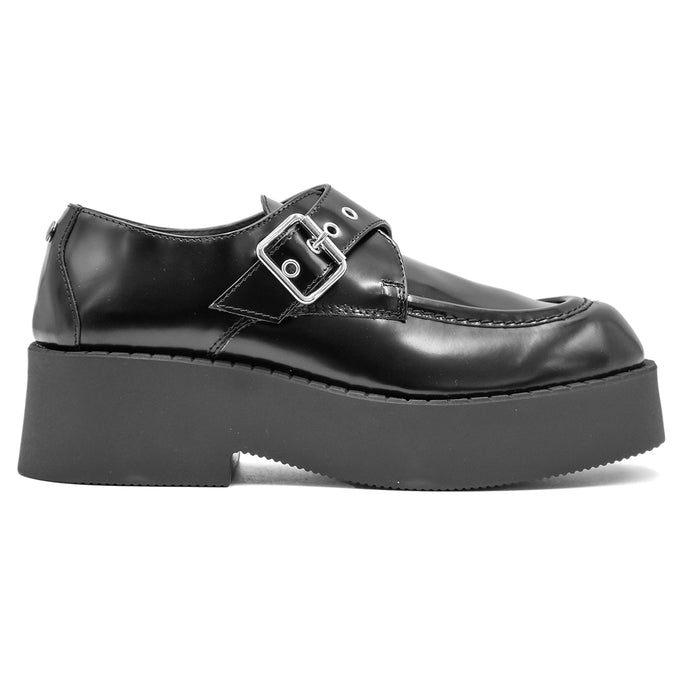 Scarpa Monk Strap Nero Loafer Fibbia Laterale A Chiusura Donna