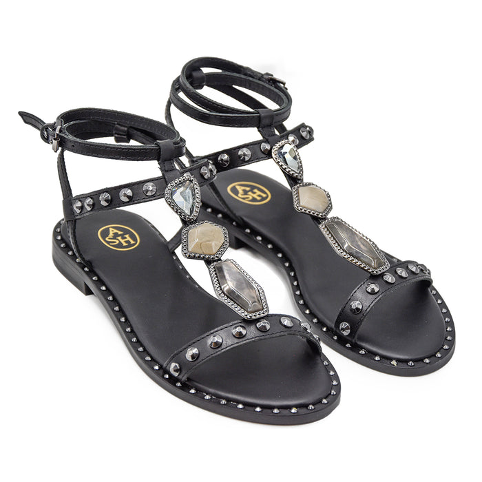 Sandali Ash Donna Penny Nero In Pelle Borchie Argento E Fibbie