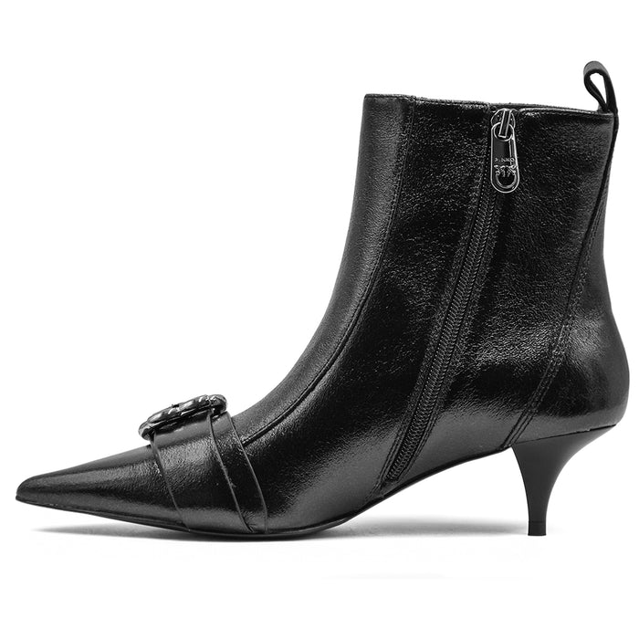 Pinko Black Ada Ankle Boots Pointed Toe Leather Heel Buckles Women