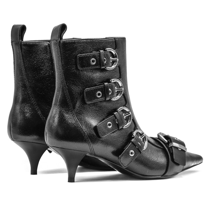 Pinko Black Ada Ankle Boots Pointed Toe Leather Heel Buckles Women