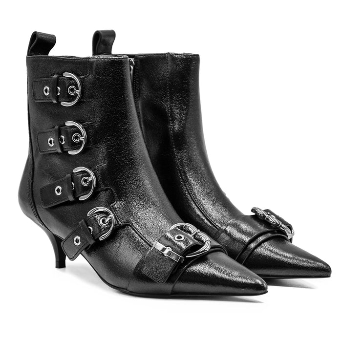 Pinko Black Ada Ankle Boots Pointed Toe Leather Heel Buckles Women