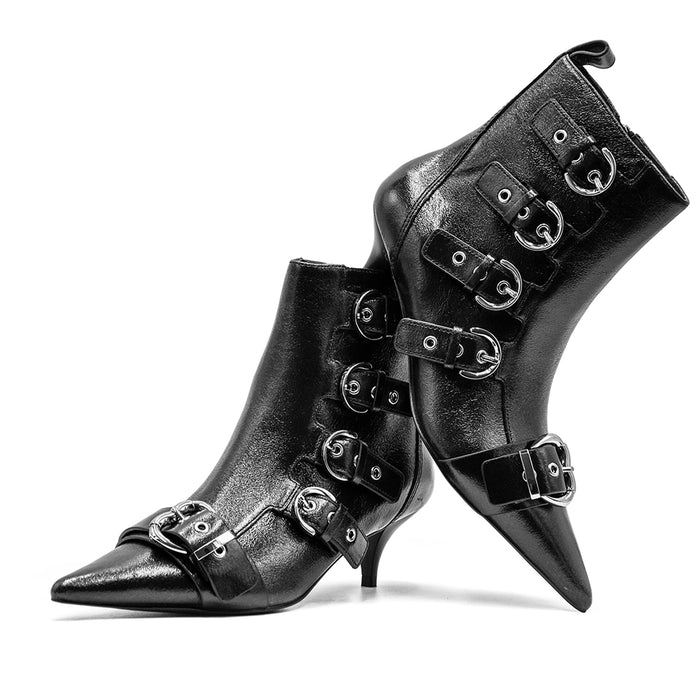 Pinko Black Ada Ankle Boots Pointed Toe Leather Heel Buckles Women