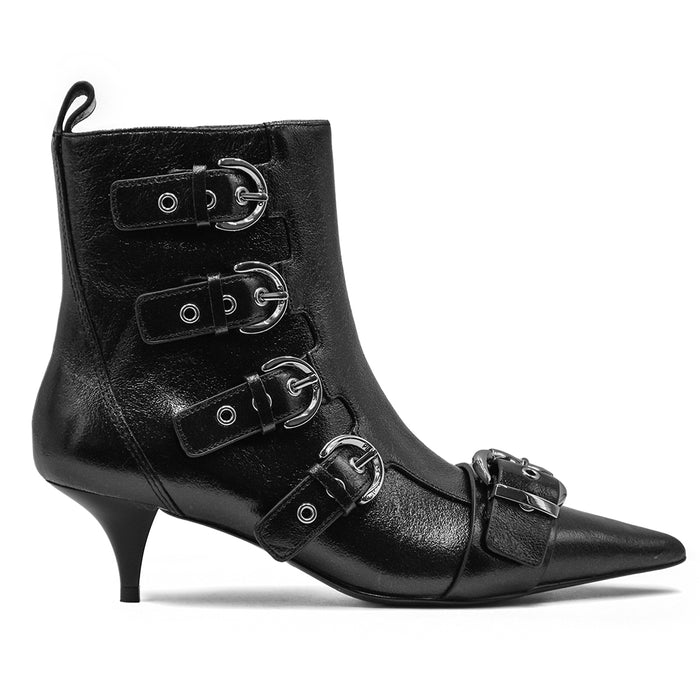 Pinko Black Ada Ankle Boots Pointed Toe Leather Heel Buckles Women