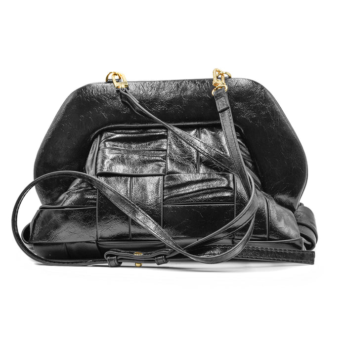 Themoirè Tia Twist Shiny Black Weave Design Shoulder Bag