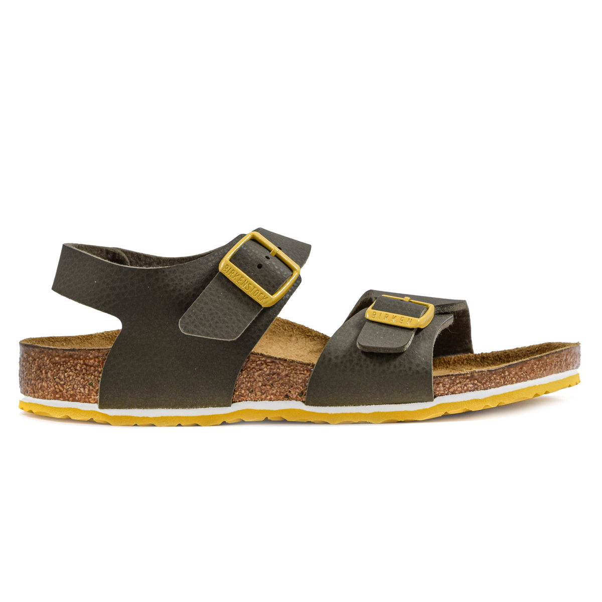 Birkenstock New York Sandali Bambino Pelle Verde E Fibbie Gialle